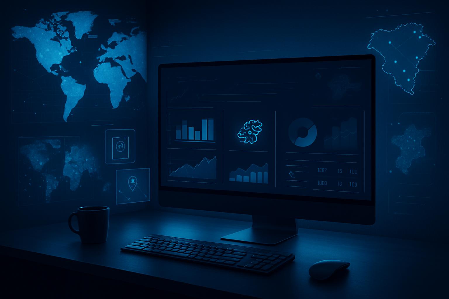 monitor with charts in the screen and world map around the room
